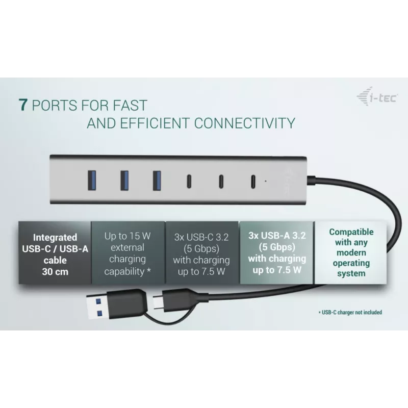 i-tec USB-C/USB-A Ładowalny Hub Metalowy 7 portów (3x USB-C, 4x USB-A)