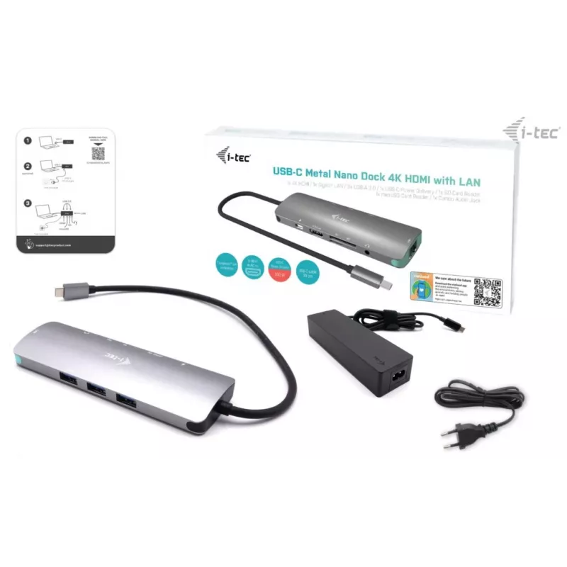 i-tec USB-C Metal Nano Stacja dokująca 4K HDMI LAN z zasilaniem Power Delivery 100W + Uniwersalna ładowarka 100W