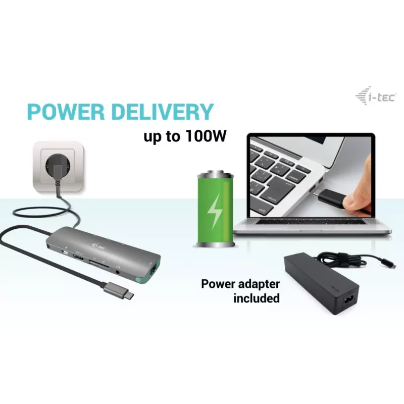 i-tec USB-C Metal Nano Stacja dokująca 4K HDMI LAN z zasilaniem Power Delivery 100W + Uniwersalna ładowarka 100W