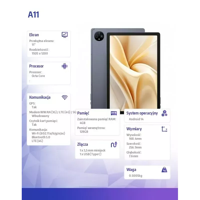 Tablet A11 4G 11 cali Czterordzeniowy 4 GB RAM 256 GB pamięci Android