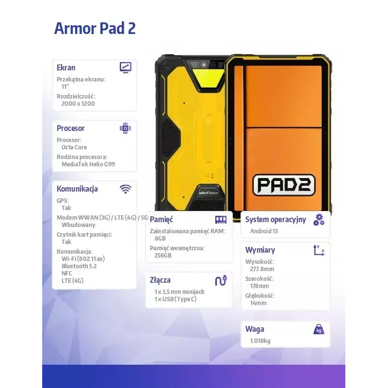 Tablet UleFone Armor Pad 2 11 cali Octa-Core 8 GB RAM 256 GB pamięci Android