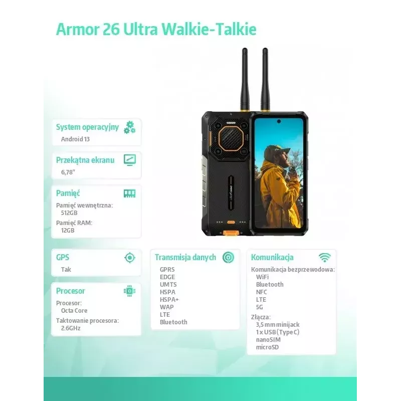 Smartfon UleFone Armor 26 Ultra 6.1 cala 12 GB RAM 512 GB pamięci Czarny