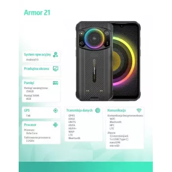 Smartfon UleFone Armor 21 — wyświetlacz 6,58 cala, 8 GB RAM, 256 GB pamięci, czarny