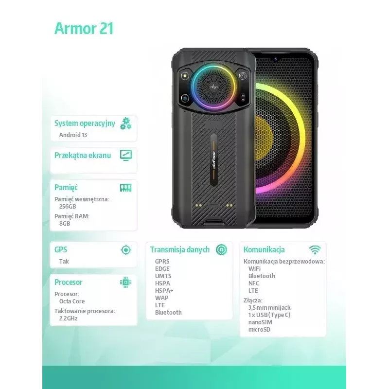 Smartfon UleFone Armor 21 — wyświetlacz 6,58 cala, 8 GB RAM, 256 GB pamięci, czarny