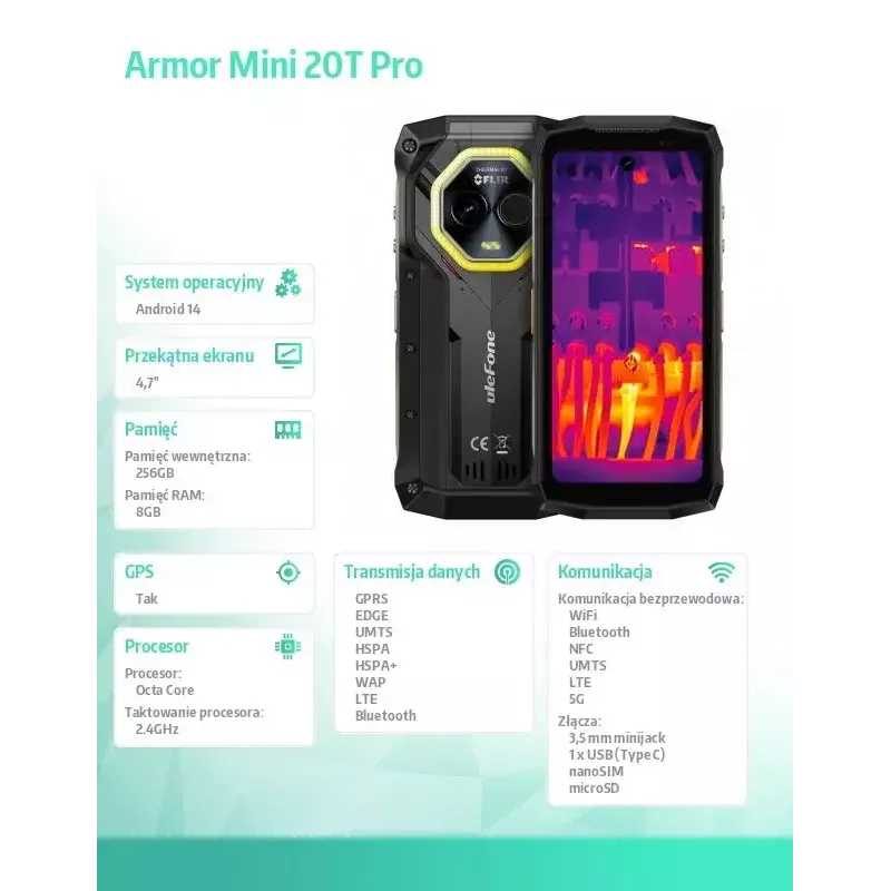 Smartfon UleFone Armor Mini 20T Pro 5G, wyświetlacz 4,7 cala, 8 GB RAM, 256 GB pamięci, czarny