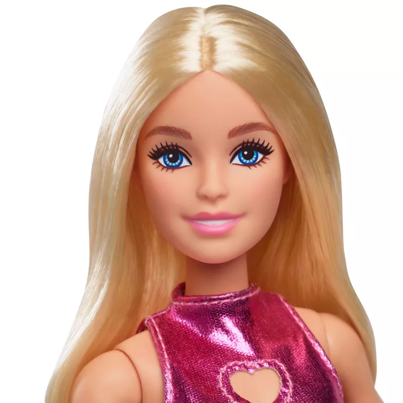 Barbie Fashionistas Lalka #230 w metalicznej różowej sukience mini z wycięciem w kształcie serca, blond włosy