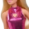 Barbie Fashionistas Lalka #230 w metalicznej różowej sukience mini z wycięciem w kształcie serca, blond włosy