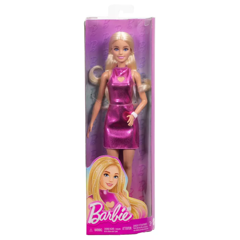 Barbie Fashionistas Lalka #230 w metalicznej różowej sukience mini z wycięciem w kształcie serca, blond włosy
