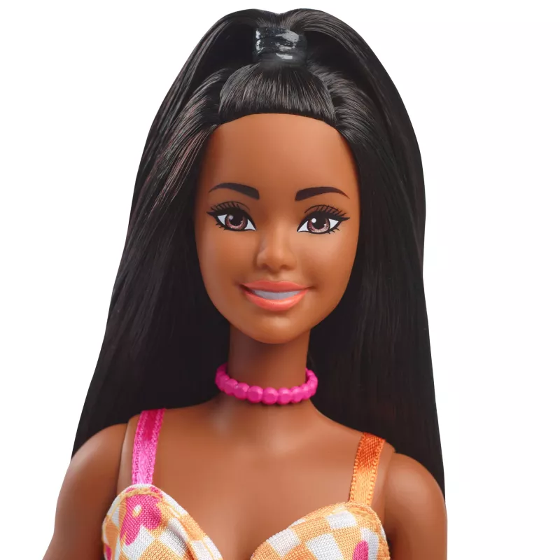 Lalka Barbie Fashionistas #233 w kraciastej sukience midi z kwiatami, czarne włosy