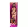 Lalka Barbie Fashionistas #233 w kraciastej sukience midi z kwiatami, czarne włosy