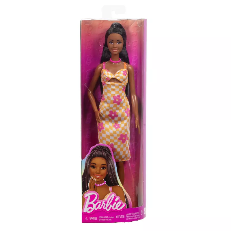Lalka Barbie Fashionistas #233 w kraciastej sukience midi z kwiatami, czarne włosy