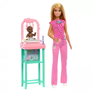 Barbie Baby Doctor Lalka z Blond Włosami, Modowa Lalka, 1 Niemowlę, Meble i Akcesoria