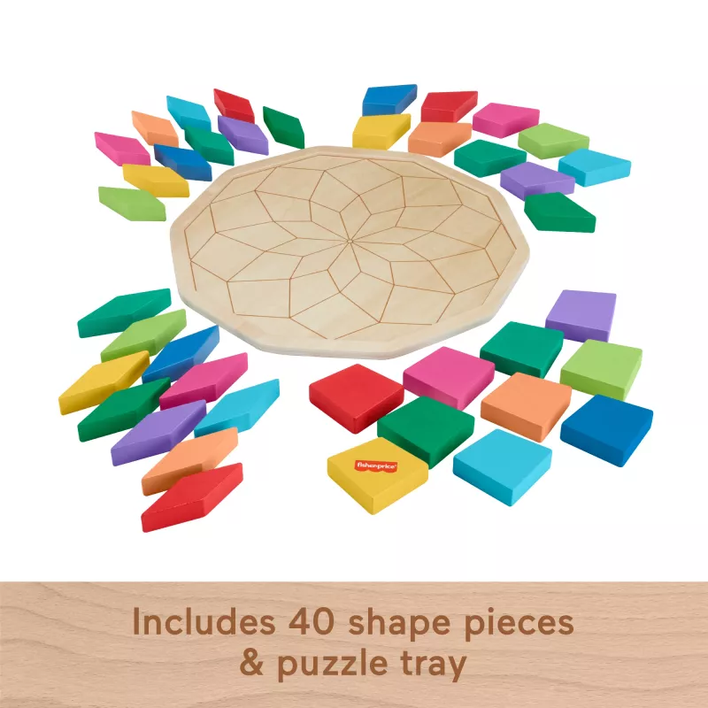 Fisher-Price Drewniana Geometryczna Układanka Mandala dla Maluchów i Dzieci, 40 Drewnianych Elementów