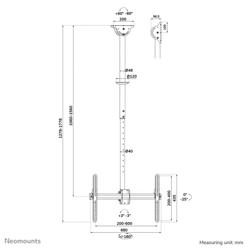 Neomounts CL35-440BL16L Uchwyt sufitowy do monitora/telewizora 37-70 cali - wys. 106-156 cm