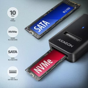 Obudowa SSD AXAGON ADM2-AM USB-A 10Gbps dla pojedynczego dysku M.2 NVMe/SATA, kabel 10 cm, czarna