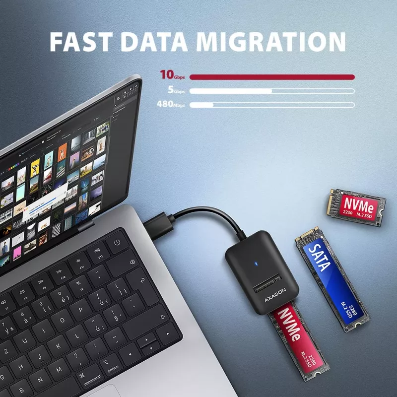 Obudowa SSD AXAGON ADM2-AM USB-A 10Gbps dla pojedynczego dysku M.2 NVMe/SATA, kabel 10 cm, czarna