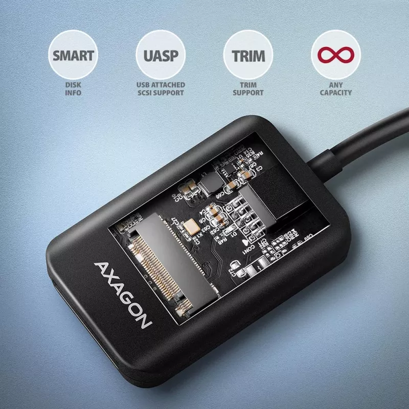 Obudowa SSD AXAGON ADM2-AM USB-A 10Gbps dla pojedynczego dysku M.2 NVMe/SATA, kabel 10 cm, czarna