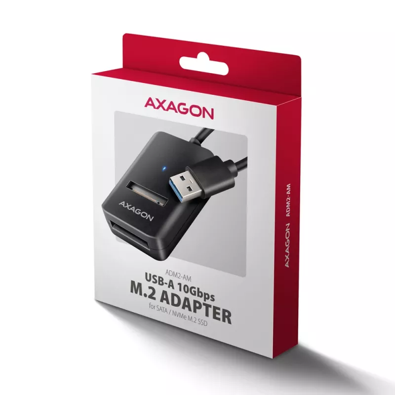 Obudowa SSD AXAGON ADM2-AM USB-A 10Gbps dla pojedynczego dysku M.2 NVMe/SATA, kabel 10 cm, czarna