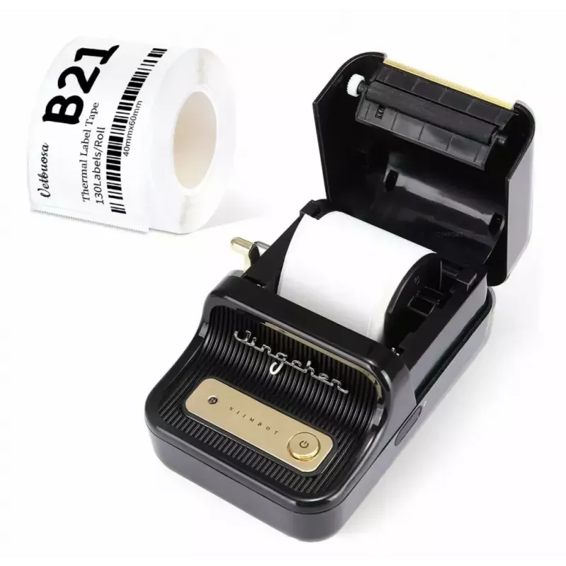 Drukarka etykiet NIIMBOT B21S Czarna — kompaktowa drukarka rolkowa Bluetooth, szerokość druku 50 mm, 60 mm/s, Li-Ion 1200 mAh