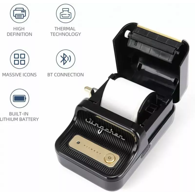 Drukarka etykiet NIIMBOT B21S Czarna — kompaktowa drukarka rolkowa Bluetooth, szerokość druku 50 mm, 60 mm/s, Li-Ion 1200 mAh