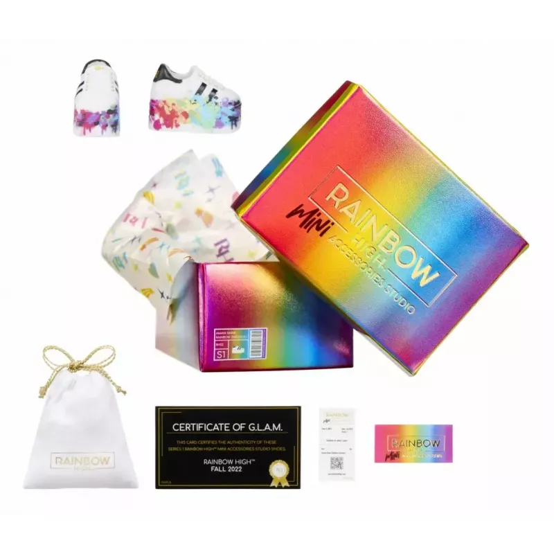 Opakowanie ekspozycyjne Mga Accessories Rainbow High Shoes, 27 sztuk — różnorodne akcesoria do butów dla lalek