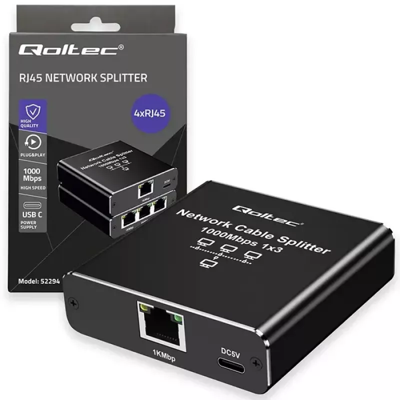 Rozdzielacz Ethernet QOLTEC 52294 1x3 RJ45 z zasilaniem przez USB-C