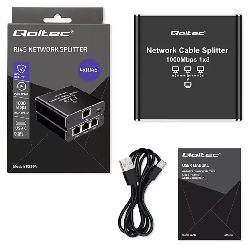 Rozdzielacz Ethernet QOLTEC 52294 1x3 RJ45 z zasilaniem przez USB-C