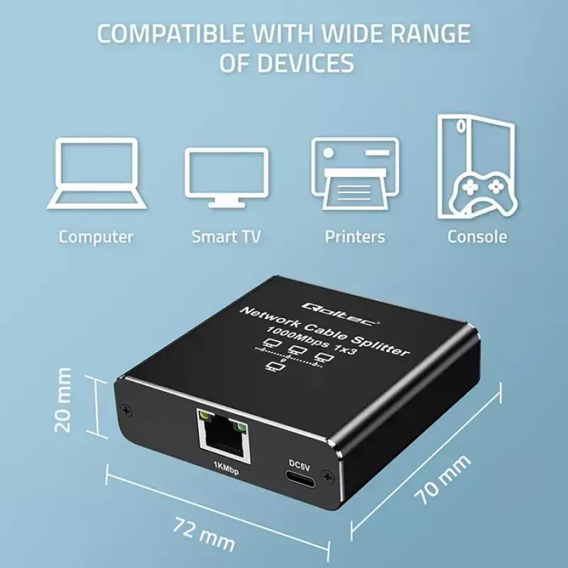 Rozdzielacz Ethernet QOLTEC 52294 1x3 RJ45 z zasilaniem przez USB-C
