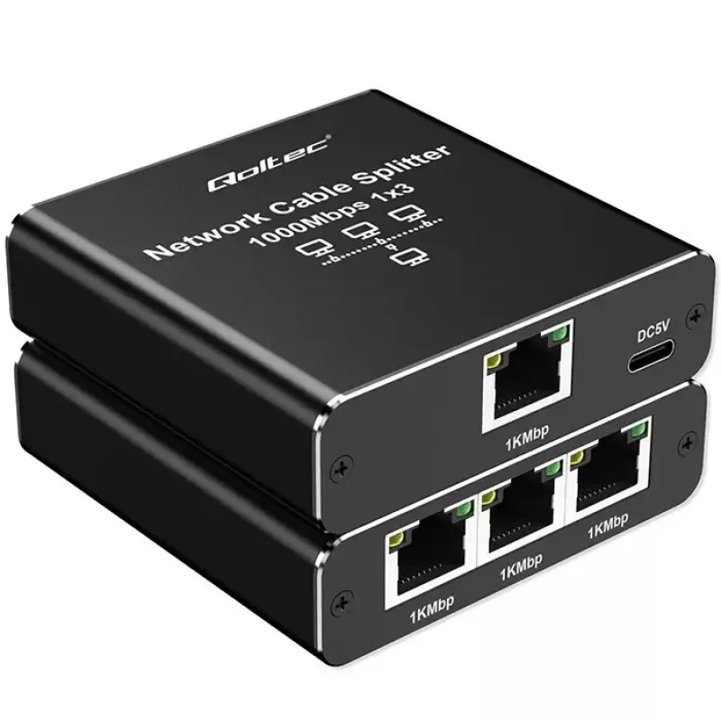 Rozdzielacz Ethernet QOLTEC 52294 1x3 RJ45 z zasilaniem przez USB-C