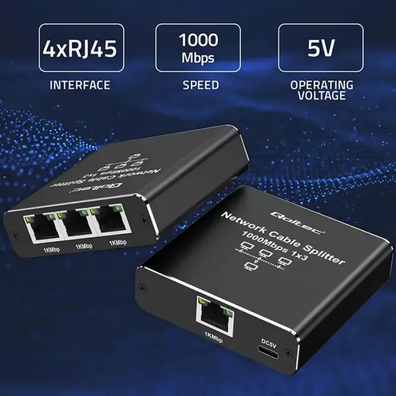 Rozdzielacz Ethernet QOLTEC 52294 1x3 RJ45 z zasilaniem przez USB-C