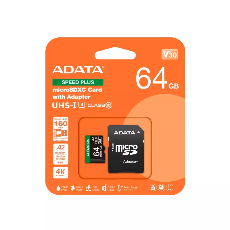 Karta MicroSDXC ADATA Speed Plus 64 GB UHS Klasa 3 Model UD64GUI3V30A2SP-RA1