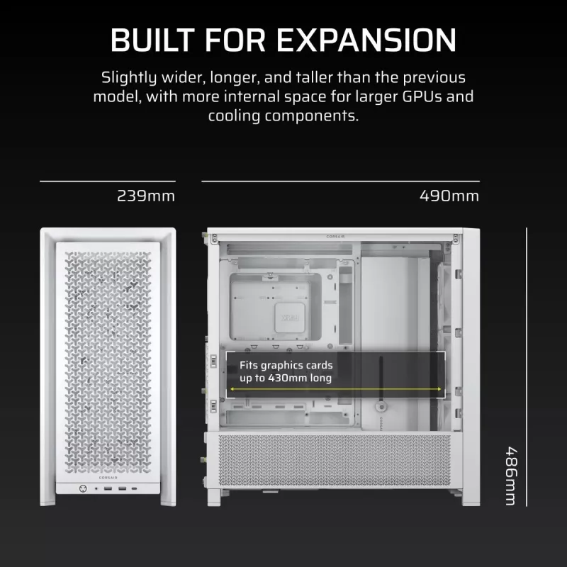 Obudowa PC CORSAIR FRAME 4000D RS Midi Tower Biała — ATX, szkło hartowane, 3 wentylatory 120 mm z przodu, obsługa chłodnic 360/240/140 mm