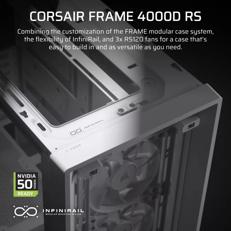 Obudowa PC CORSAIR FRAME 4000D RS Midi Tower Biała — ATX, szkło hartowane, 3 wentylatory 120 mm z przodu, obsługa chłodnic 360/240/140 mm