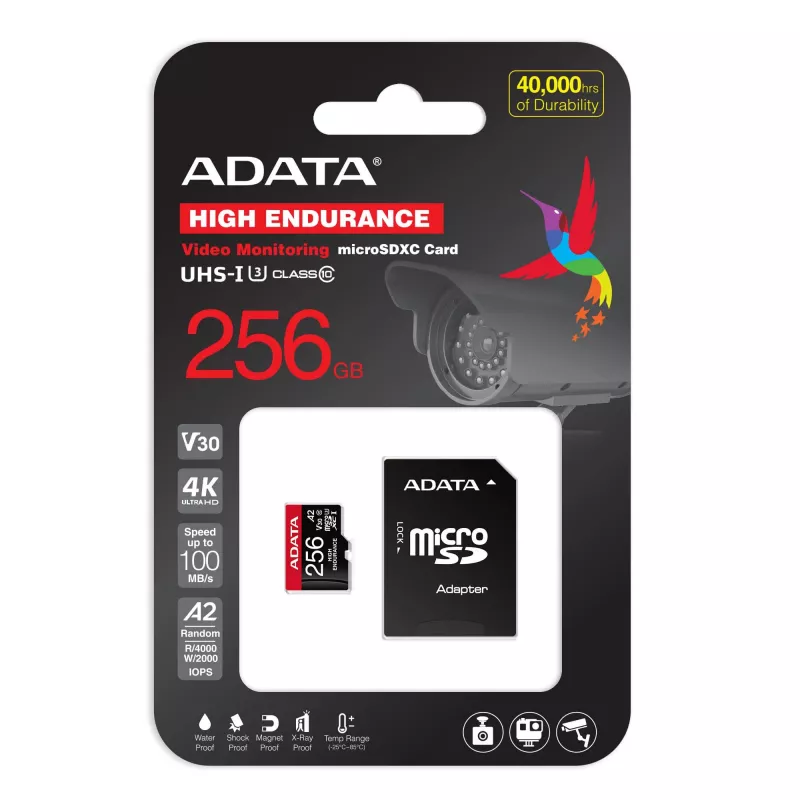 Karta pamięci microSDXC ADATA 256 GB AUSDX256GUI3V30SHA2-RA1 UHS-I Class 10 V30 (odczyt 100 MB/s, zapis 80 MB/s) z adapterem SD