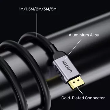 Kabel DisplayPort Unitek C1628GY01-2M — 2 m, DisplayPort 2.1, 7680×4320 @ do 240 Hz, 32,4 kanały, miedź cynowana