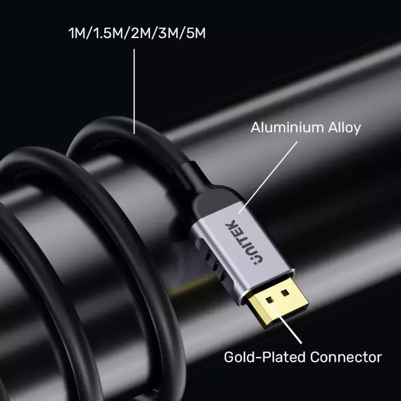 Kabel DisplayPort Unitek C1628GY01-2M — 2 m, DisplayPort 2.1, 7680×4320 @ do 240 Hz, 32,4 kanały, miedź cynowana
