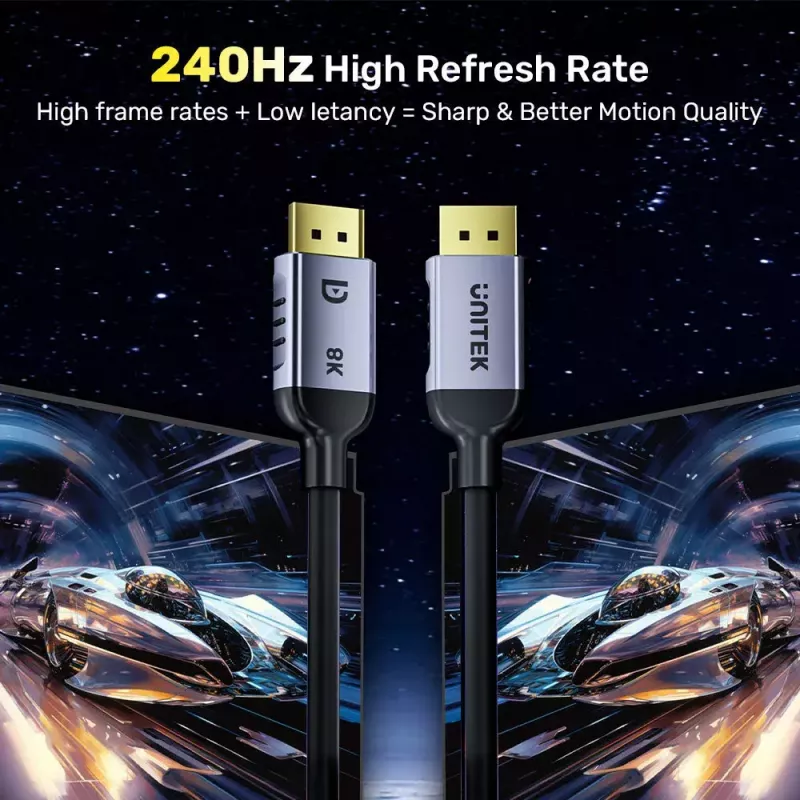Kabel DisplayPort Unitek C1628GY01-2M — 2 m, DisplayPort 2.1, 7680×4320 @ do 240 Hz, 32,4 kanały, miedź cynowana