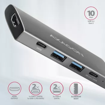 Axagon HMC-5G21 hub USB 10Gbps, 2x USB-A, 2x USB-C, HDMI 4k/30Hz, PD 60W, kabel USB-C