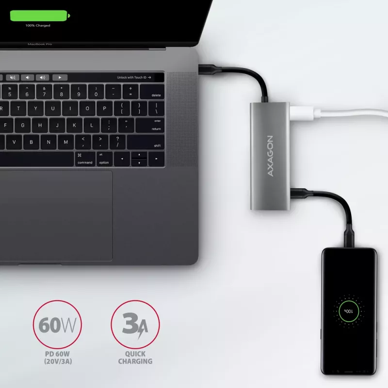 Axagon HMC-5G21 hub USB 10Gbps, 2x USB-A, 2x USB-C, HDMI 4k/30Hz, PD 60W, kabel USB-C