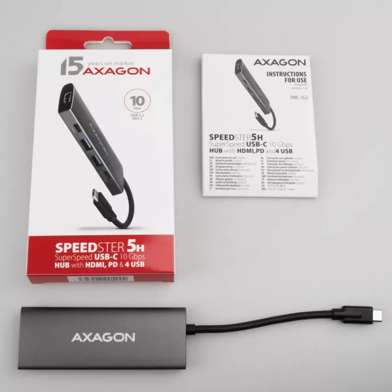 Axagon HMC-5G21 hub USB 10Gbps, 2x USB-A, 2x USB-C, HDMI 4k/30Hz, PD 60W, kabel USB-C