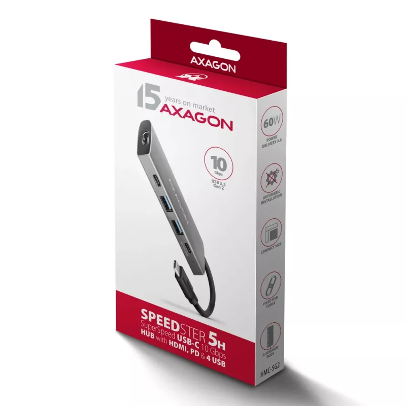 Axagon HMC-5G21 hub USB 10Gbps, 2x USB-A, 2x USB-C, HDMI 4k/30Hz, PD 60W, kabel USB-C