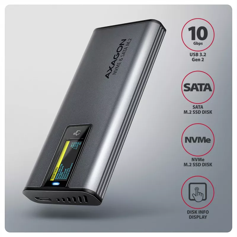 Axagon EEM2-SD2 USB-C 10Gbps - obudowa DISPLAY dla M.2 NVMe i SATA SSD