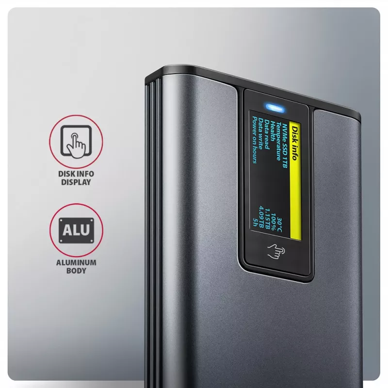 Axagon EEM2-SD2 USB-C 10Gbps - obudowa DISPLAY dla M.2 NVMe i SATA SSD