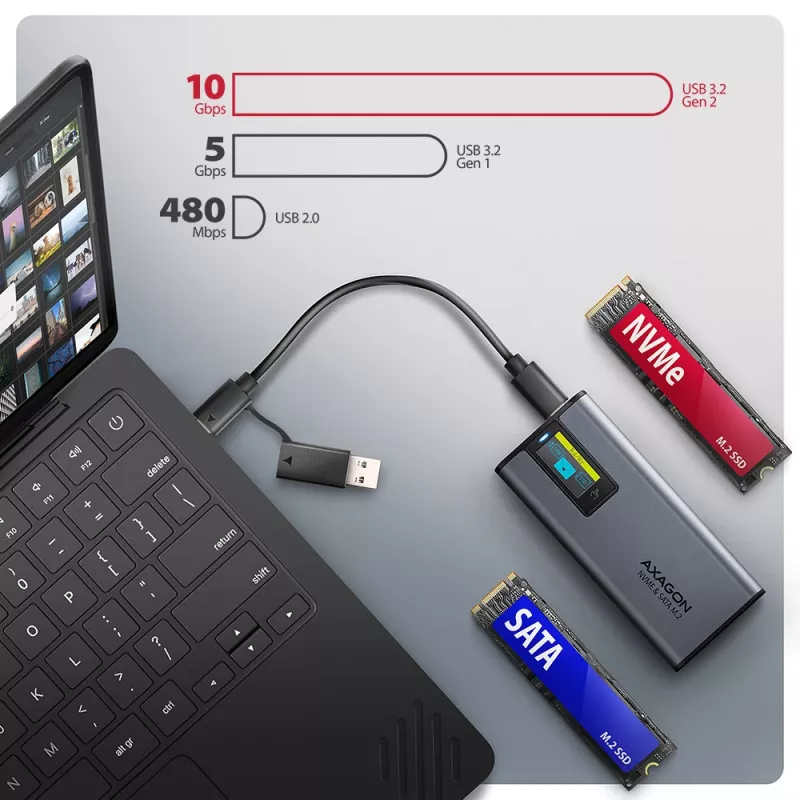 Axagon EEM2-SD2 USB-C 10Gbps - obudowa DISPLAY dla M.2 NVMe i SATA SSD