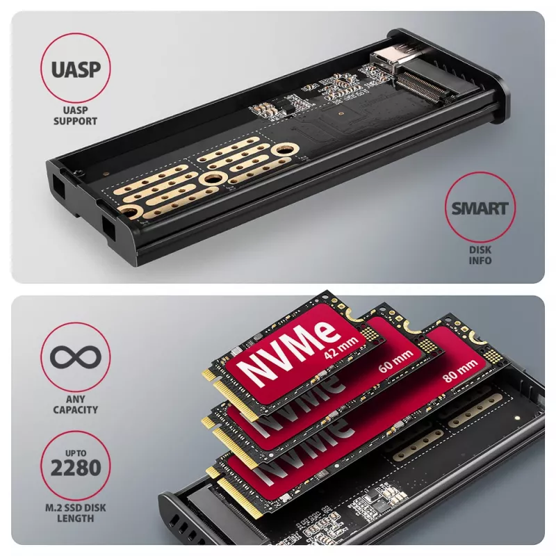 Axagon EEM2-SD2 USB-C 10Gbps - obudowa DISPLAY dla M.2 NVMe i SATA SSD