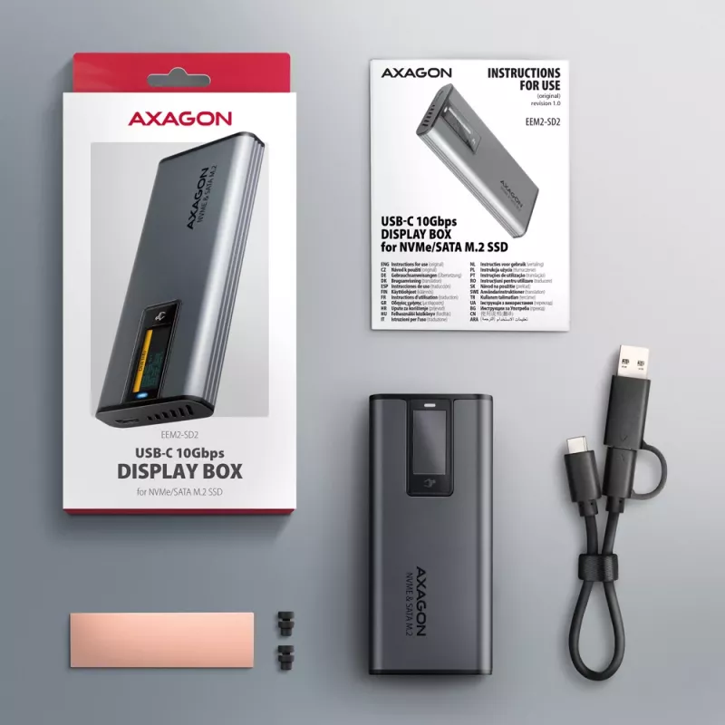 Axagon EEM2-SD2 USB-C 10Gbps - obudowa DISPLAY dla M.2 NVMe i SATA SSD