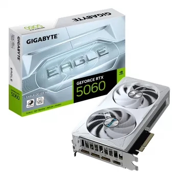 Karta graficzna GIGABYTE GeForce RTX 5060 EAGLE OC ICE 8G — 8 GB GDDR7, 128 bitów, PCI-E 5.0, taktowanie rdzenia 2550 MHz, 3 x DisplayPort, 1 x HDMI, GV-N5060EAGLEOC ICE-8GD