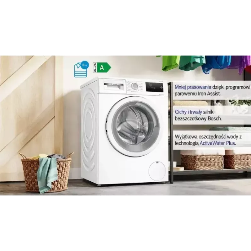 Pralka ładowana od przodu Bosch WAN2405MPL, 7 kg, 1200 obr./min, klasa energetyczna A, wyświetlacz LED, biała