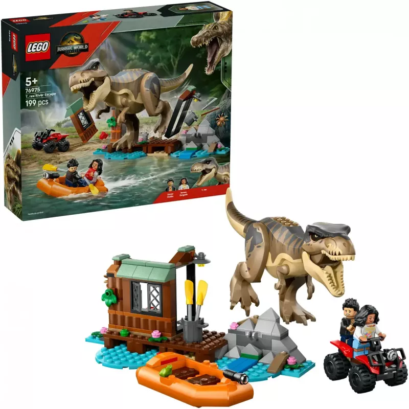 LEGO zestaw z dinozaurem T. rex River Escape 76975 — 199 elementów, 2 minifigurki, wiek 5+