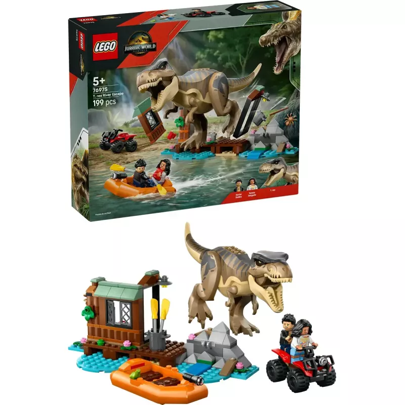 LEGO zestaw z dinozaurem T. rex River Escape 76975 — 199 elementów, 2 minifigurki, wiek 5+